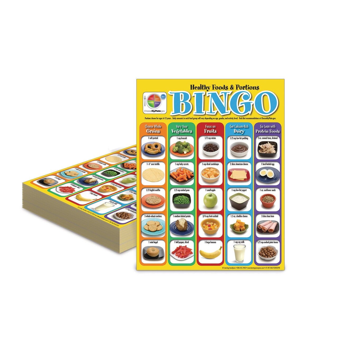 LEARNING ZONE® My Plate Healthy Food and Portions Bingo. Colorful and Fun Bingo Game for Elementary-aged Students. 30 Laminated Bingo Cards Measures 8-1/2” x 11”